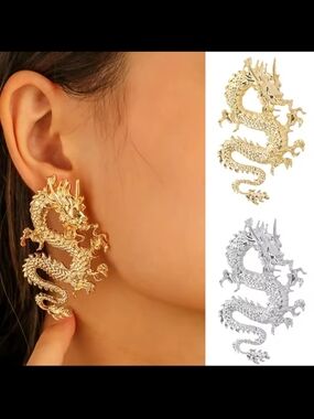 Gold Dragon Dangle Earrings for Women - Bold Sculpted Statement